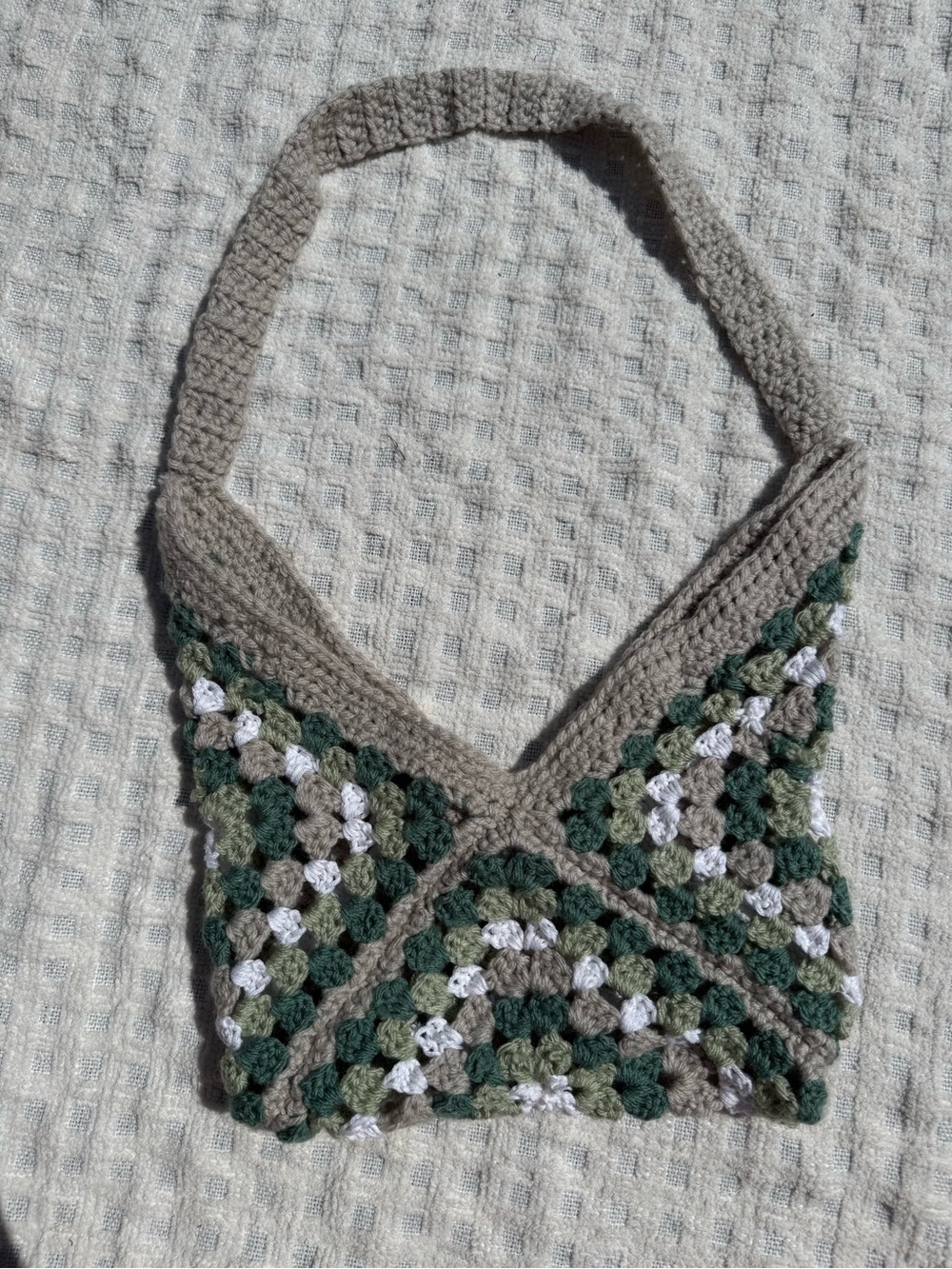 Handmade Crochet Shoulder Bag in Beige, Green & White